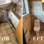 Et før- og efterbillede på rengøringen af et badeværelse.